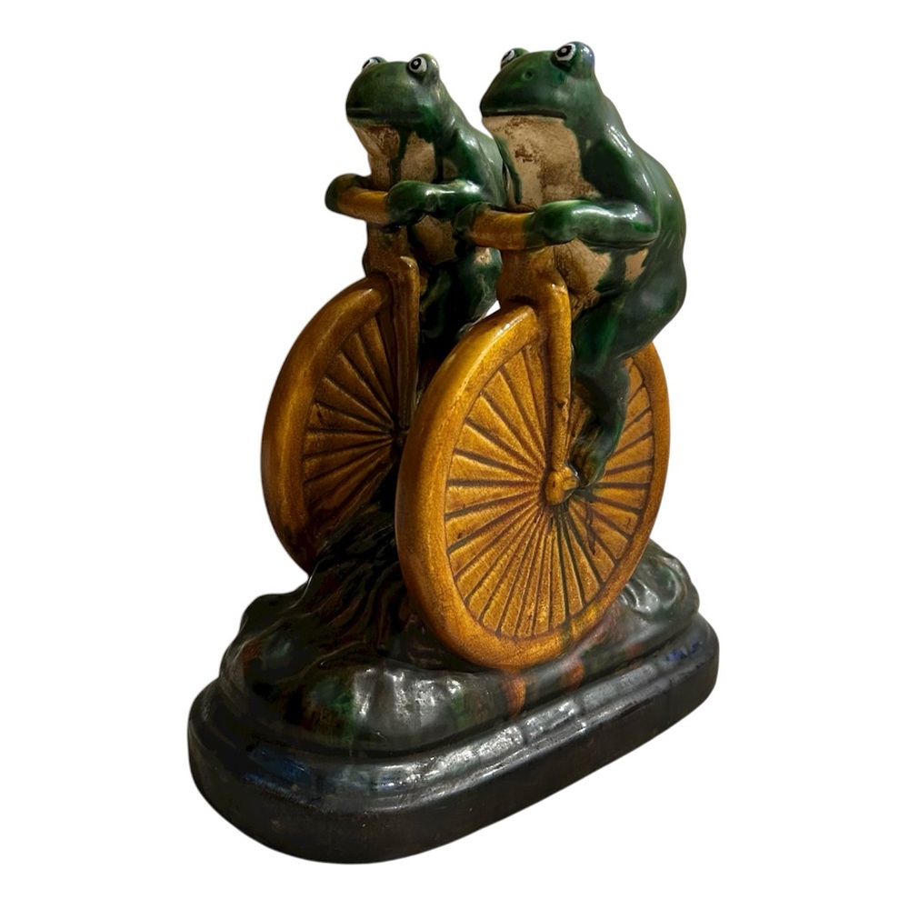 VTG Frederick Cooper 2 Frogs Riding A Penny Farthing Bicycle Ceramic Sculpture